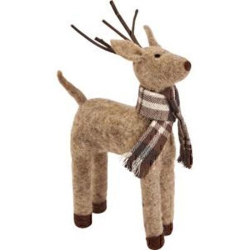 Felt stag with scarf decoration by Transomnia. Stuffed felt stag decoration featuring a tartan scarf around the neck. A lovely addition to any winter home decoration theme - perfect for winter and Christmas. Size: 21 x 7 x 11.3cm